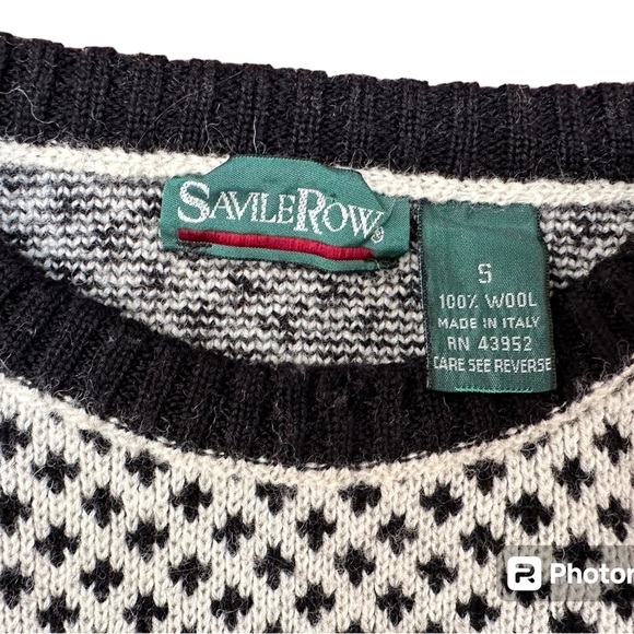 SavileRow Black & White Small Winter Design 100% Wool Pullover Vintage Sweater - Picture 3 of 3